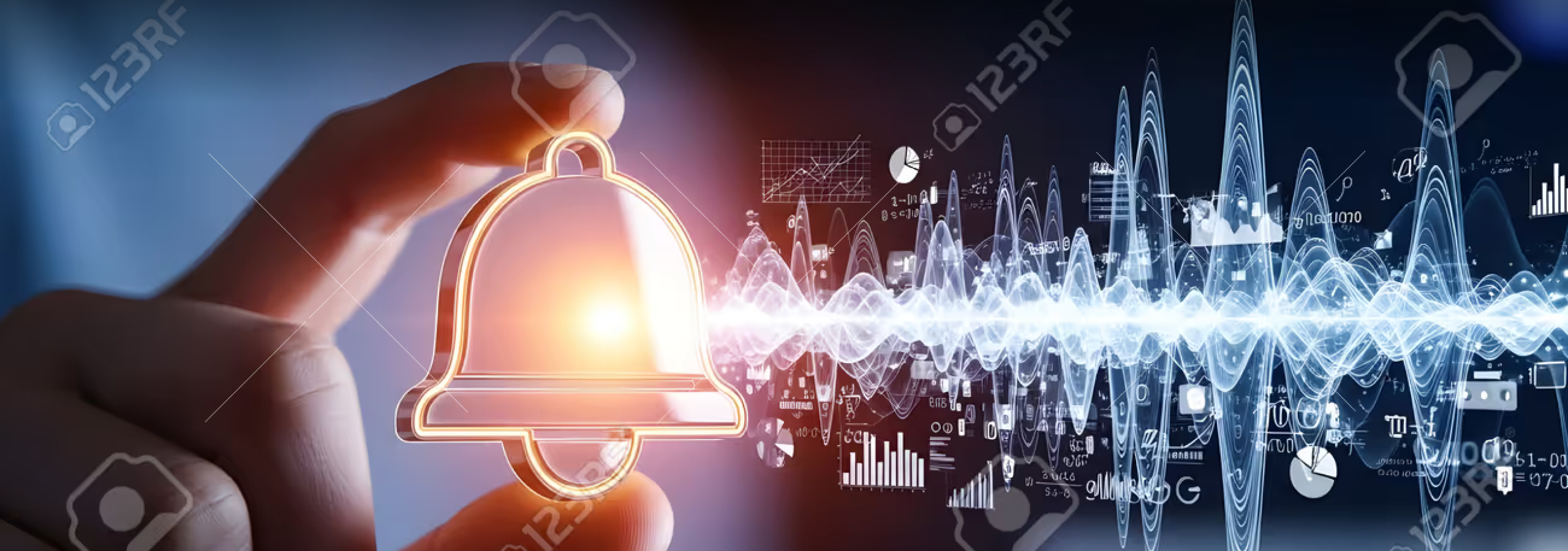 Hand holding a glowing alert bell icon with data visualizations
