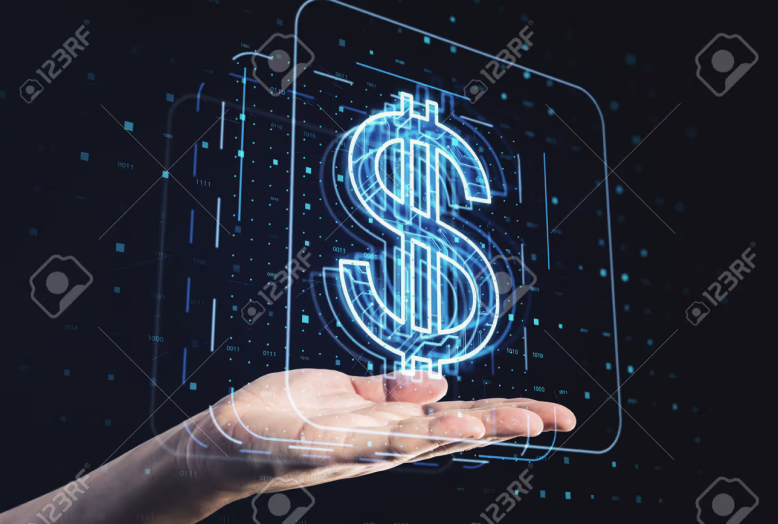 Hand holding a glowing digital dollar sign hologram