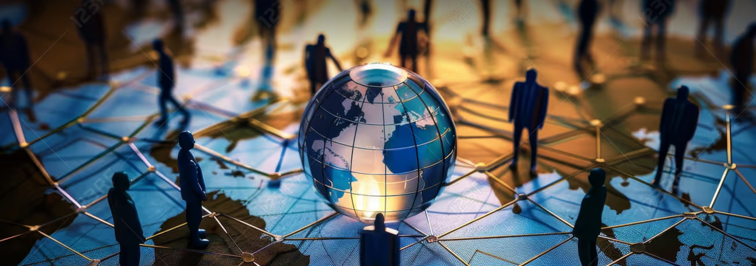 Silhouettes of business people standing on a world map around a glass globe, connected by a network of lines